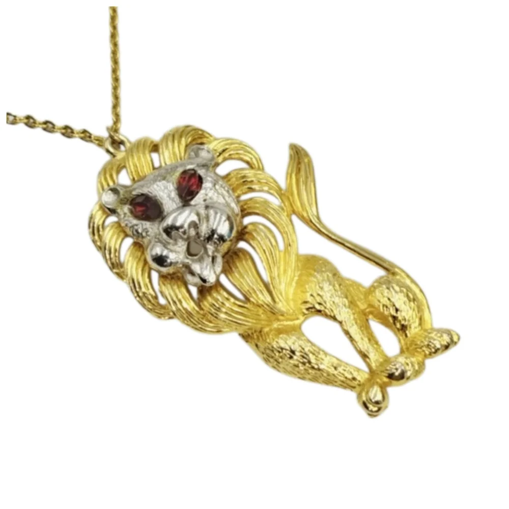 Gold & Silver Tone Lion Pendant Necklace w/ Red Eyes 28